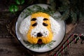 New Year`s Salad `Dog` for the celebration of 2018 - the year of the Yellow Dog. Salad of smoked chicken, boiled potatoes, soft ch Royalty Free Stock Photo