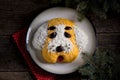 New Year`s Salad `Dog` for the celebration of 2018 - the year of the Yellow Dog. Salad of smoked chicken, boiled potatoes, soft ch Royalty Free Stock Photo