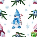 New Year\'s seamless pattern little snowmen, bell, stars, gifts, fir branches. Wint.er festive decor. Hand-drawn watercolor painti