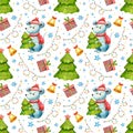 New year`s seamless pattern with rat, Christmas tree, stars, gift, bell, garland. Christmas and new year. Watercolor cartoon mouse Royalty Free Stock Photo