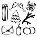 New Years set of doodles in hand-draw style. Christmas glass of champagne, tangerines, tree, gift, snowflake, candle, letter on
