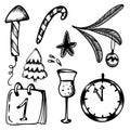 New Year's set of doodles in hand-draw style. Christmas rocket, fireworks, lollipop, glass of champagne, tree, calendar, star Royalty Free Stock Photo