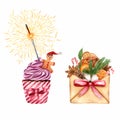 New year`s set.Envelope with gifts and cupcake with gingerbread man and a Bengal fire on the cupcake with violet cream.