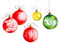 New Year`s, set toys balls for Christmas tree decoration in red, green, yellow colors. Watercolor drawing. Royalty Free Stock Photo