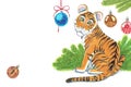 New Year\'s sketch consisting of a tiger, Christmas tree branches and New Year\'s balls