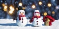 New Year's snowmen against bokeh lights. AI generated image