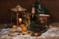 New Year's still-life with champagne, tangerines and chocolate Royalty Free Stock Photo