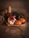 New Year`s still-life with tangerines, chocolate and a fur-tree branch Royalty Free Stock Photo