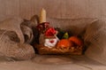 New Year`s still-life with tangerines, chocolate and a fur-tree branch Royalty Free Stock Photo