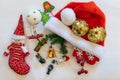 New Year`s still-life, a type of flatness. Snowman red, Christmas balls, Christmas figures, candle.