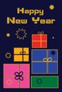 New Year`s stylized minimalistic card with gifts and a signature on a dark background