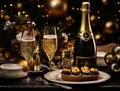 New Year\'s table setting, two glasses, cutlery, a bottle of champagne, a cake, a New Year tree Royalty Free Stock Photo