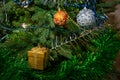 New Year's toys on the decorated fur-tree Royalty Free Stock Photo