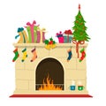 New Year`s traditional fireplace. Christmas brown brick fireplace with such decorations as socks,hot mugs, christmas tree and gift Royalty Free Stock Photo