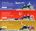 New Year's travel banners in flat style illustration. Traveling by plane, bus and train.