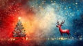 A New Year\'s tree with a star on its top and garland lights on its branches. Reindeer stands next to a dressed up tree.