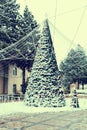 New Year`s trees, decorated with balls and lights, stand in the city center during the day in snowy weather, creating a festive