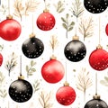 New Year\'s watercolor seamless pattern of black and red Christmas balls on white background Royalty Free Stock Photo