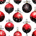 New Year\'s watercolor seamless pattern of black and red Christmas balls on white background Royalty Free Stock Photo