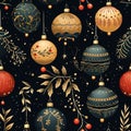 New Year\'s watercolor seamless pattern of Christmas balls with golden ornament on black background Royalty Free Stock Photo