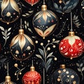 New Year\'s watercolor seamless pattern of Christmas balls with golden ornament on black background Royalty Free Stock Photo