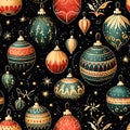 New Year\'s watercolor seamless pattern of Christmas balls with golden ornament on black background Royalty Free Stock Photo