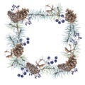 Watercolor Christmas botanical frame. New Year`s watercolor hsquare wreath.