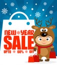 New Year sale background upto 60 % off with child in costume deer