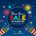 New year sale banner with fireworks and confetti trumpet