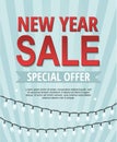 New Year sale banner with garland isolated on blue background. Spesial offer.