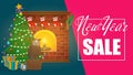 New year sale banner. Gifts, Christmas tree, fireplace. Poster on the topic of discounts for the new year. Vector Royalty Free Stock Photo