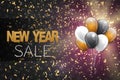 New Year sale banner or poster. A bunch of balloons on black luxury background.
