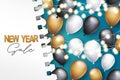New Year sale banner. Winter holiday celebration design concept with golden, black, and white balloons, garland lights, under torn Royalty Free Stock Photo