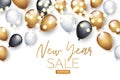 New Year sale banner. Winter holiday design concept with golden, white, and black balloons and garland lights.  Party invitation o Royalty Free Stock Photo