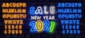 2021 New Year Sale Neon Text. 2021 New Year Design template for Seasonal Flyers and Greetings Card. Neon Alphabet with Royalty Free Stock Photo