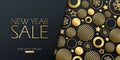 New Year Sale special offer luxury banner with gold colored christmas balls, stars and snowflakes on black background.