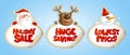 New year sale stickers with Santa, deer and snowman.