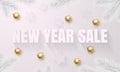 New Year Sale white poster banner golden luxury Christmas balls Royalty Free Stock Photo