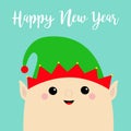 New Year. Santa Claus Elf face head icon. Green hat. Merry Christmas. Cute cartoon funny kawaii baby character. Greeting card. Royalty Free Stock Photo