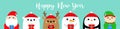 New Year. Santa Claus Elf White bear Snowman Raindeer Deer Penguin bird face icon set. Holding gift box. Merry Christmas. Cute Royalty Free Stock Photo