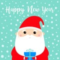 New Year. Santa Claus holding gift box. Funny face head. Candy cane. Merry Christmas. Red hat. Moustaches, beard. Cute cartoon Royalty Free Stock Photo