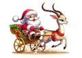 NEW year santa claus riding a sleigh with a deer on a white background cartoon character comic drawing Royalty Free Stock Photo