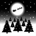 New Year 2022 Santa Claus on a sleigh with reindeer Gray moon Christmas Trees Night black white silhouette Royalty Free Stock Photo