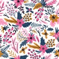 New year vector seamless pattern with branches, berries and flowers. Christmas floral hand drawn wrap paper.