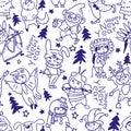 New Year seamless pattern. Children in Christmas costumes. Cheerful children celebrate Cartoon New Year`s holiday costume. Vector