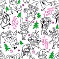 New Year seamless pattern. Children in Christmas costumes. Cheerful children celebrate Cartoon New Year`s holiday costume. Vector
