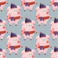 New Year 2019 seamless pattern with christmas cartoon flat pink pigs. Royalty Free Stock Photo