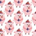 New Year 2019 seamless pattern with christmas cartoon flat pink pigs. Royalty Free Stock Photo