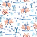 New Year seamless pattern with cute pigs, Christmas gifts and snowflakes. 2019 Chinese Year symbol. Design element for