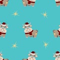 New year seamless pattern funny cartoon bull symbol 2021 in a hat and scarf on a blue background with stars. Royalty Free Stock Photo